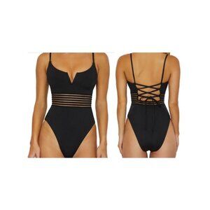 Isabella Rose Mallorca Black Ribbed One-Piece Swimsuit Sz Lrg Sheer Classic EUC
